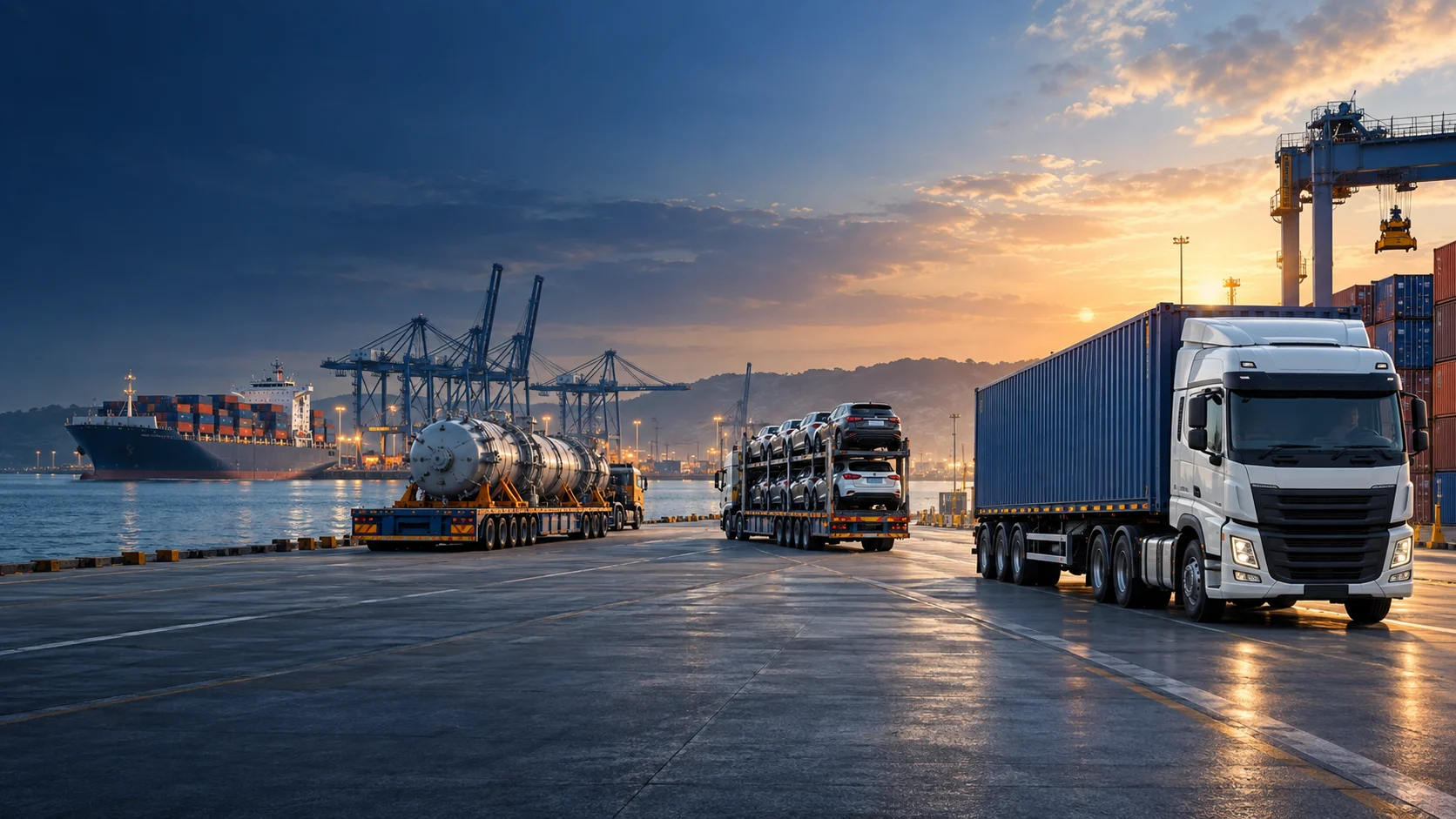 Illustration of road transport and maritime services at a port