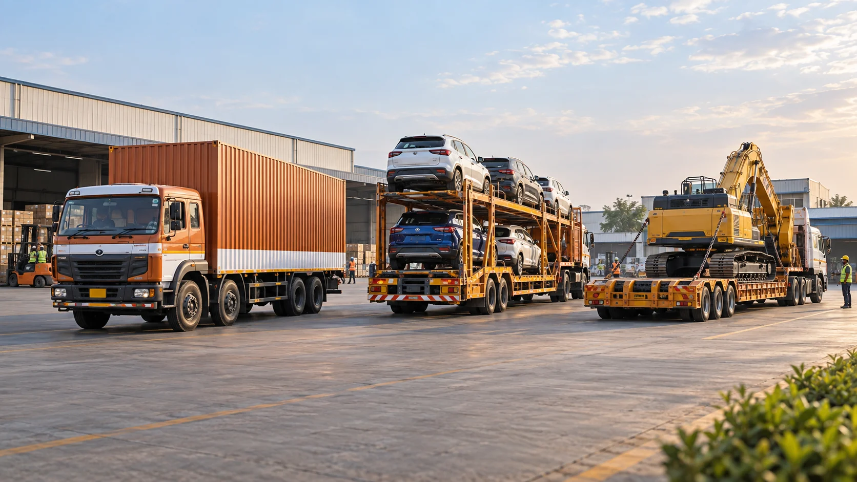 Illustration of goods, car carrier and machinery transport